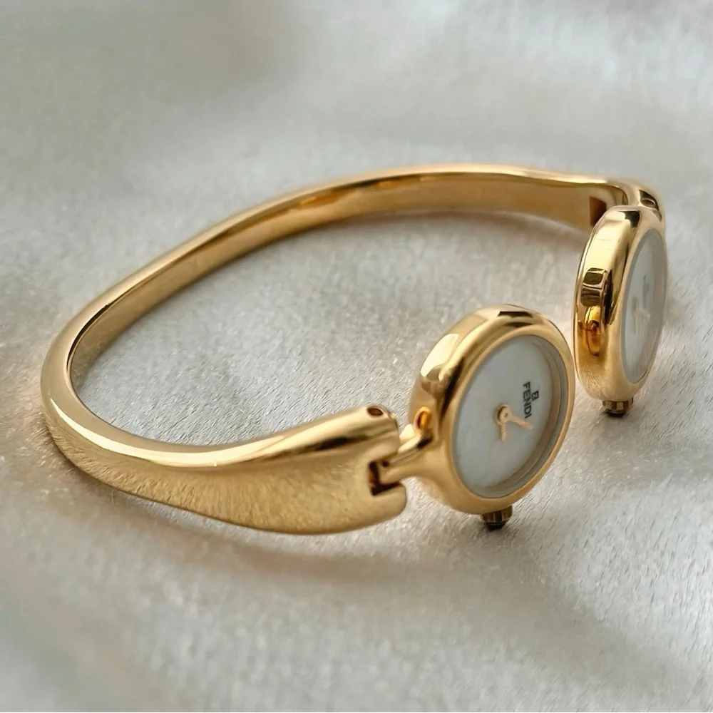 AUTHENTIC RARE VINTAGE FENDI DOUBLE DIAL MOTHER-OF-PEARL CUFF WATCH - WITH BOX